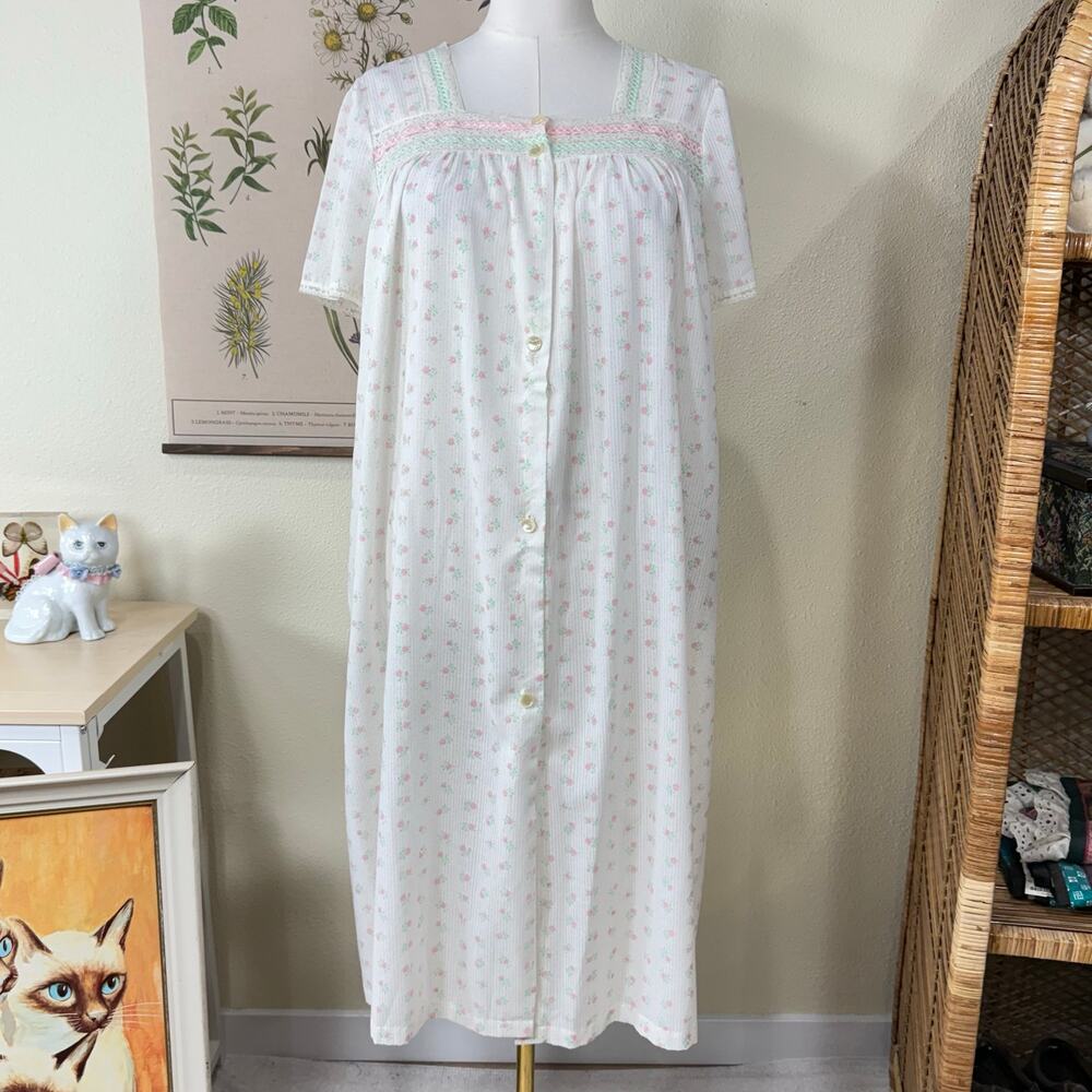 Vintage Floral Lace Button Up Nightgown Cottage Prairie Dolly Coquette Femme L